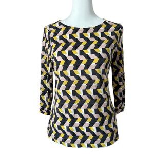 Boden Geometric 3/4 Sleeve Top Pink, Yellow, Dark Gray Zig Zag Size 4